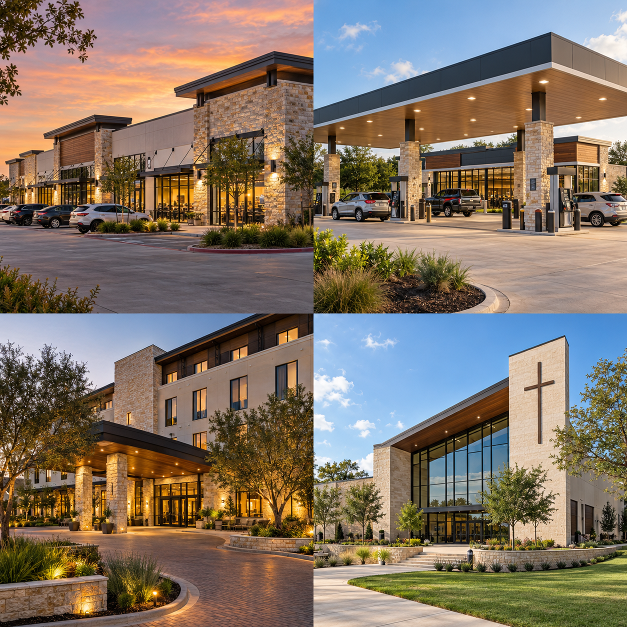 Representative commercial architecture concepts: retail, gas station, hotel and church